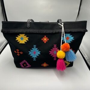 Neiman Marcus Aztec Embroidered Tote Bag.‎ Colorful Like new Black